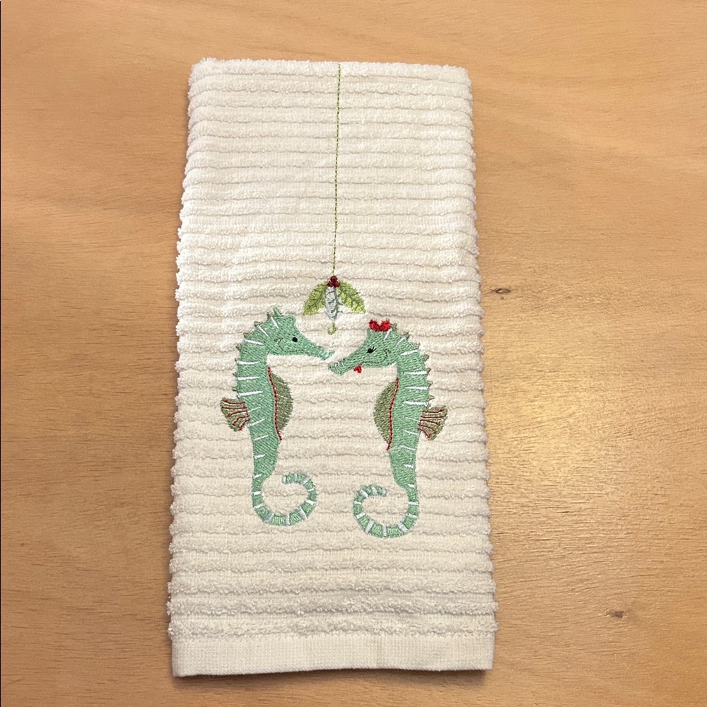 Dish Towel with Seahorse and Christmas 🎄 Holly Embroidery Cream Mint 100% Cotton